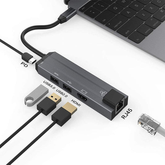 Kkf USB C Hub for MacBook Pro, Portable USB C Docking Station 5 in 1Multiport Adapter with RJ45 Ethernet Port, 4K HDMI, PD Port, USB-C Data Port, 2 USB 3.0 and 2.0 Ports, for Mac Book& PC and More