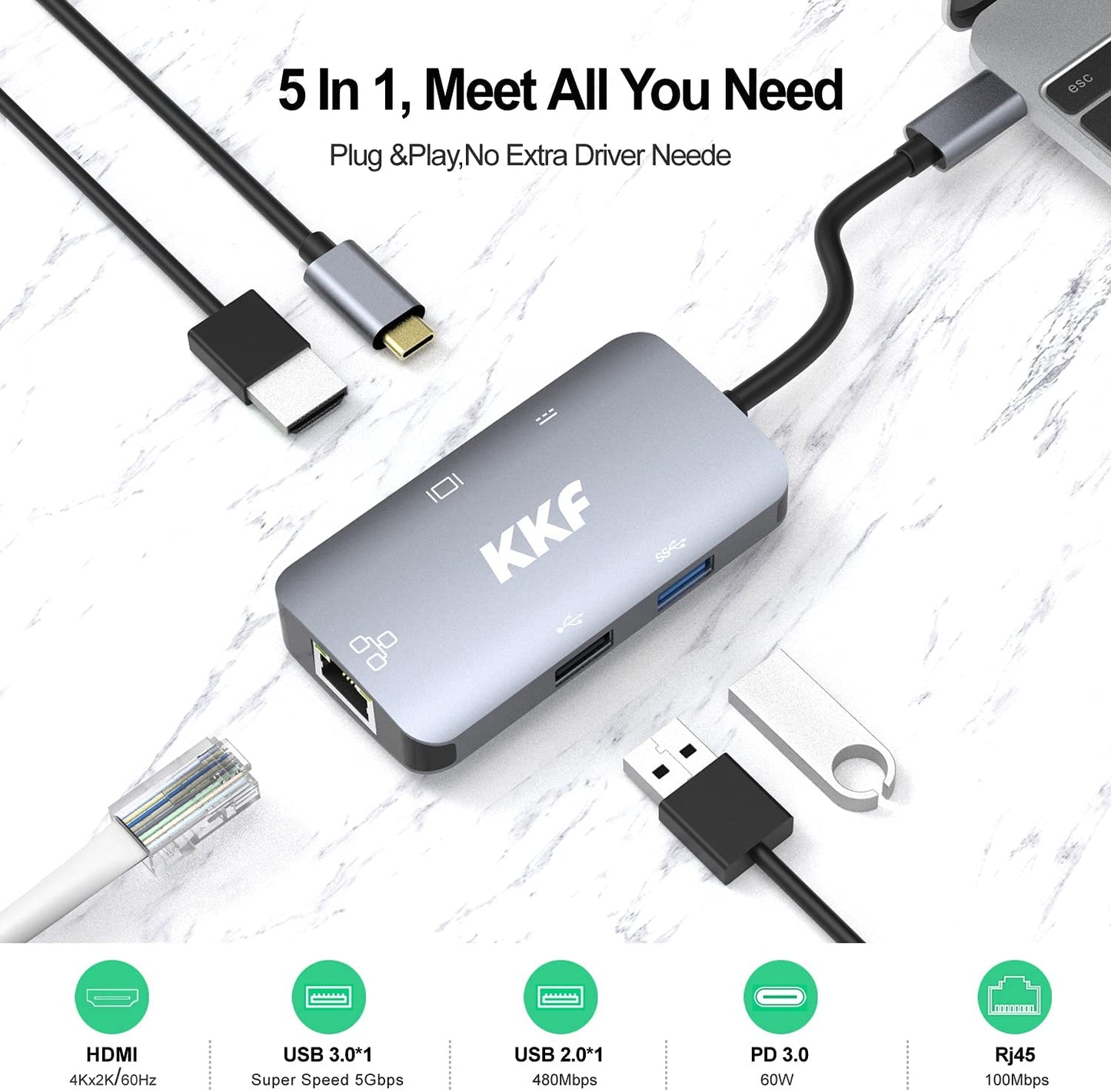 USB C Hub Adapter，5-in-1Type C Ethernet Hub PowerExpand with 4K HDMI, USB 3.0, USB 2.0, PD 3.0 Ports, for MacBook Pro, MacBook Air, Chromebook, iPad Pro, XPS, and More