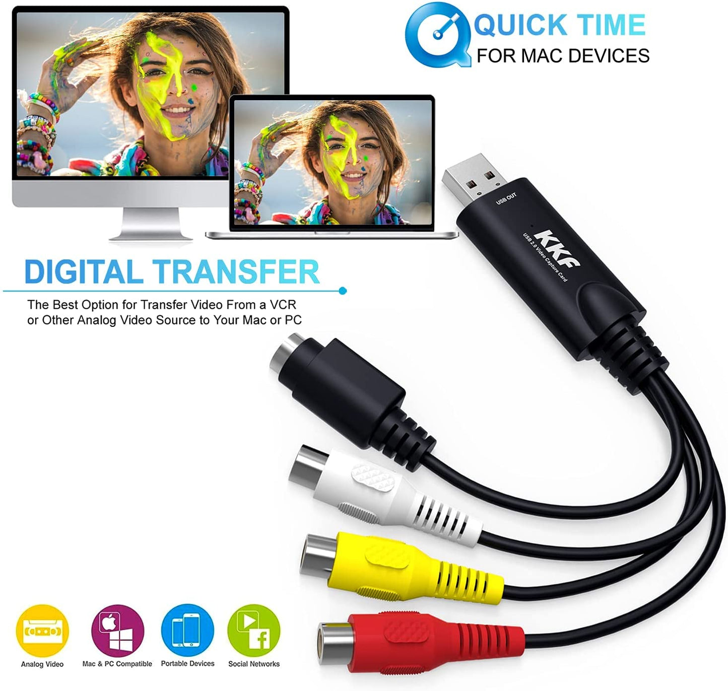 USB 2.0 Video Capture Card, Audio Video Converter Grabber Transfer VHS VCR TV to DVD Capture Analog Video to Digital for Windows 7 8 10 PC Mac OS