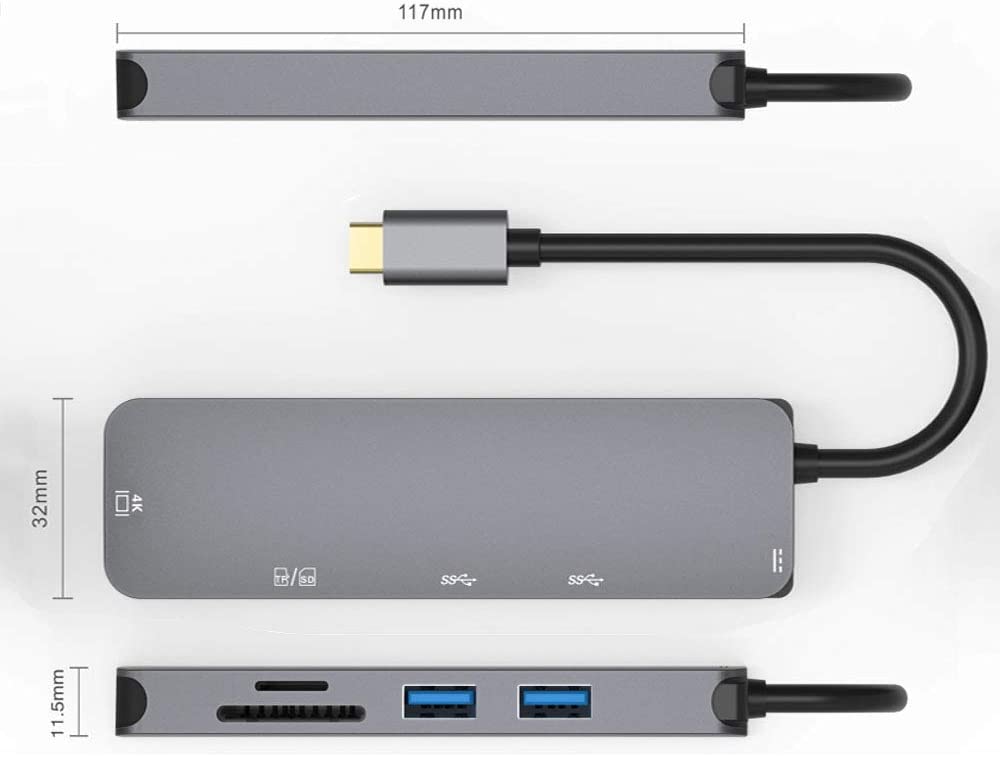 Kkf USB C Hub, 6 in 1 USB C to HDMI Multiport Adapter Ultra-Slim USB Hub with 60W PD, 4K HDMI, USB-C Data Port, 2 USB 3.0 5Gbps Data Ports and SD/TF Docking Station, for Mac Book Pro & PC and More